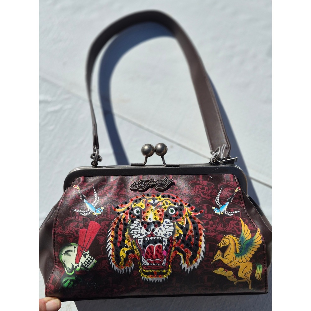 Ed Hardy Rhinestone Tiger Kiss Lock Shoulder Bag Burgundy Brown Tattoo Print NWT